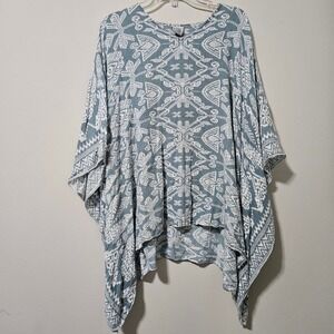 Back From Bali Women Blue White Tribal Print Poncho Rayon One Size Top Cover Up
